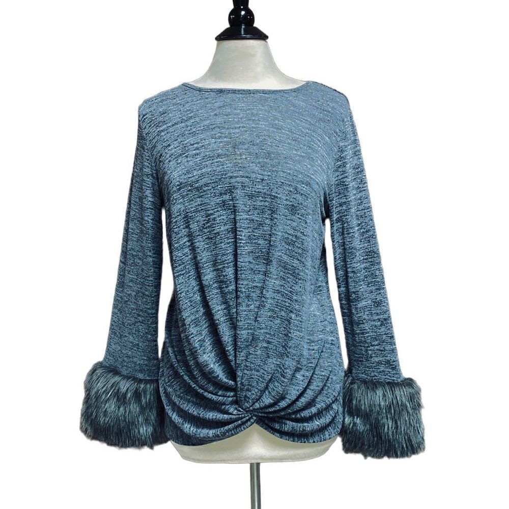 Rain Black & White Knot Front Faux Fur Sleeve Top Size Large NWT